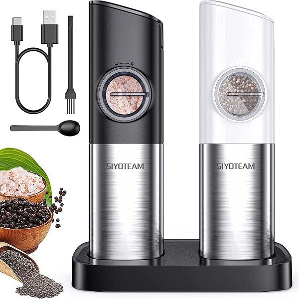 SIYOTEAM Electric Salt and Pepper Grinder Set, Automatic Salt and Pepper  Grinder Set, Gravity Pepper Mill Grinder with Charging Base, Rechargeable
