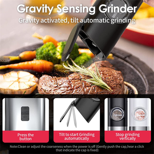 Gravity Electric Salt and Pepper Grinders refillable 1 Pack,USB  Rechargeable Kitchen Electric Pepper Grinder with Light - Gravity Switch,  Coarseness